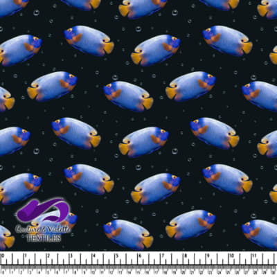 Blue and yellow tropical fish on black background pattern