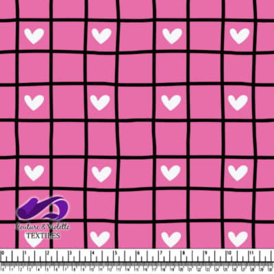Motif Grille Rose avec Cœurs Blancs sur Tissu