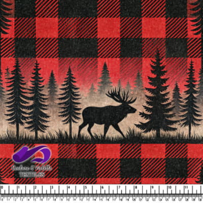 Moose Silhouette in Forest on Red and Black Plaid Background