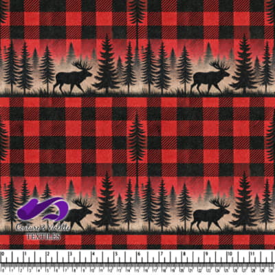 Moose Silhouette in Forest on Red and Black Plaid Background