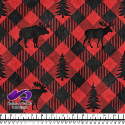 Red and Black Plaid Pattern with Moose and Evergreen Trees