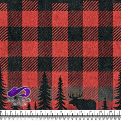 Motif en tartan rouge et noir avec des sapins et une silhouette d'élan