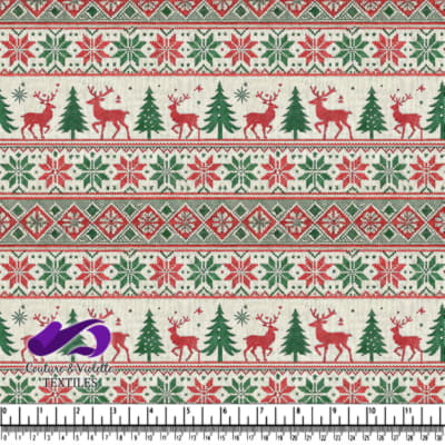 Festive Reindeer and Christmas Tree Patterned Fabric