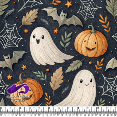 Cute Halloween Ghosts Bats and Pumpkins Fabric Pattern