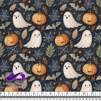 Cute Halloween Ghosts Bats and Pumpkins Fabric Pattern