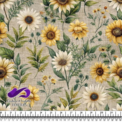 Tournesols et fleurs sur lin