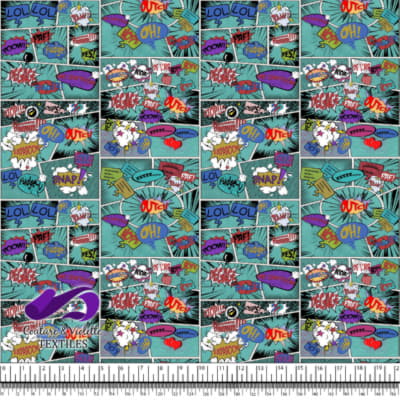 Comic book - Histoire En Style Avec Des Mots Colorés Sur Un Fond Sarcelle