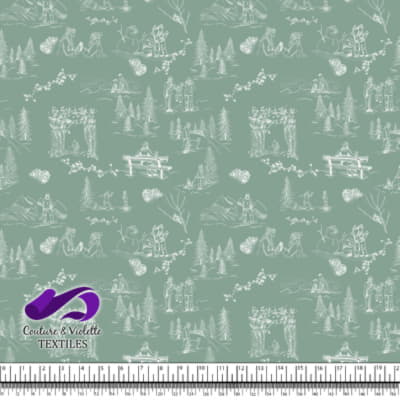 Toile de Jouy - Hiver sur fond granite green