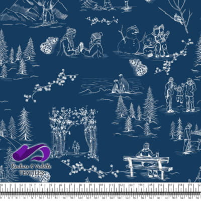 Toile de Jouy - Hiver sur fond lapis blue