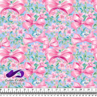 Nœuds Roses et Motif Floral sur Fond Bleu