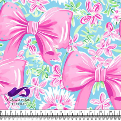Pink Bows and Floral Pattern on Blue