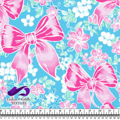 Pink Bows and Flowers on Blue Background