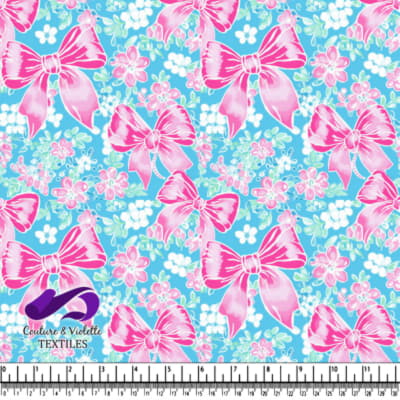 Pink Bows and Flowers on Blue Background
