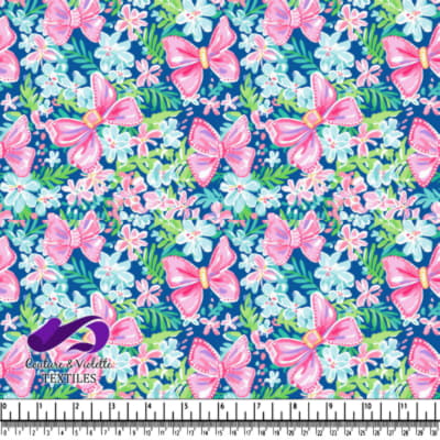 Pink Bows and Floral Pattern on Blue