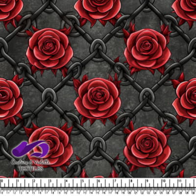 Thorned Red Roses on Black Chain Link Fence