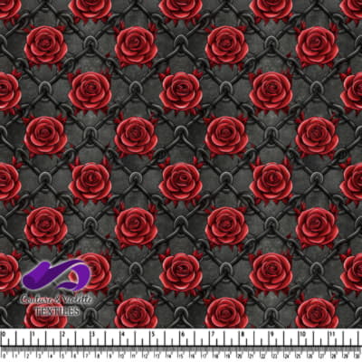 Thorned Red Roses on Black Chain Link Fence