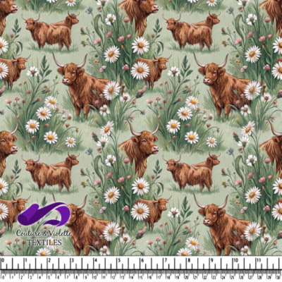 Highland Cows in Flower Meadow Pattern