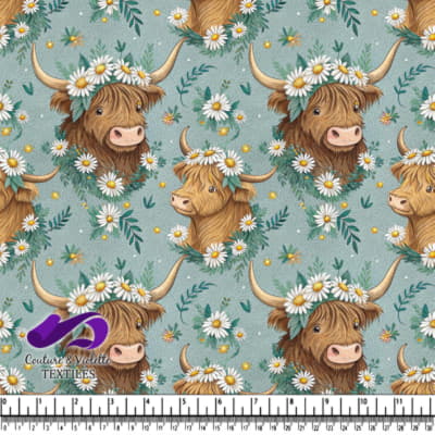 Highland Cow with Daisy Crown Pattern