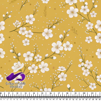 Fleurs Blanches Délicates sur Tissu Moutarde